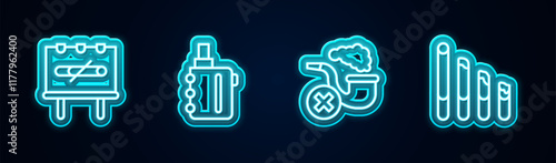Set line No smoking, Electronic cigarette, Smoking pipe with smoke and . Glowing neon icon. Vector