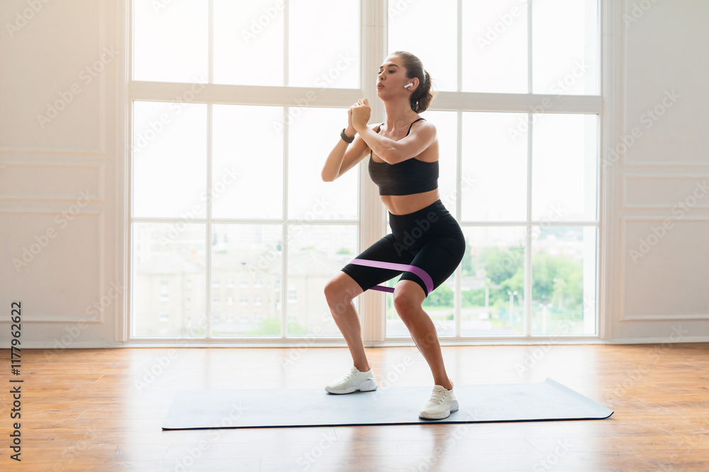 Training Concept. Confident determined sportswoman squatting with elastic resistance band in fitness studio or at home in living room doing leg and buttocks workout, listening to music in earbuds Training Concept. Confident determined sportswoman squatting with elastic resistance band in fitness studio or at home in living room doing leg and buttocks workout, listening to music in earbuds