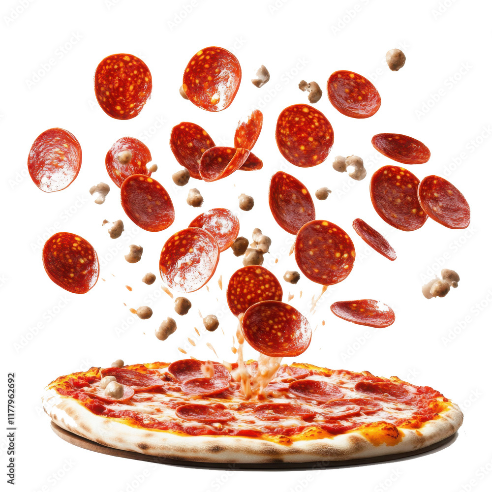 pizza pepperoni on white background with falling sausages and melting cheese
