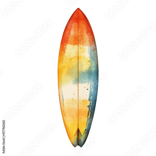 A watercolor painting of a surfboard, isolated on a white background. Sports equipment vector.
