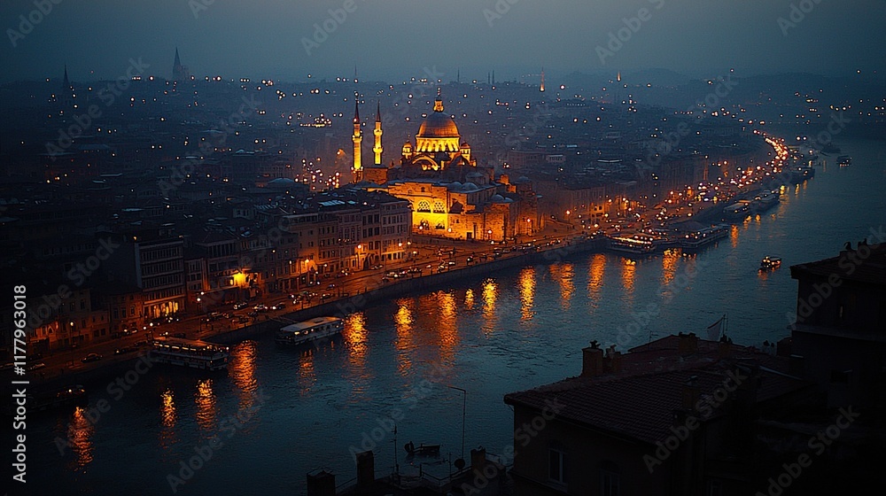 Naklejka premium Illuminated cityscape with mosque by river at dusk.