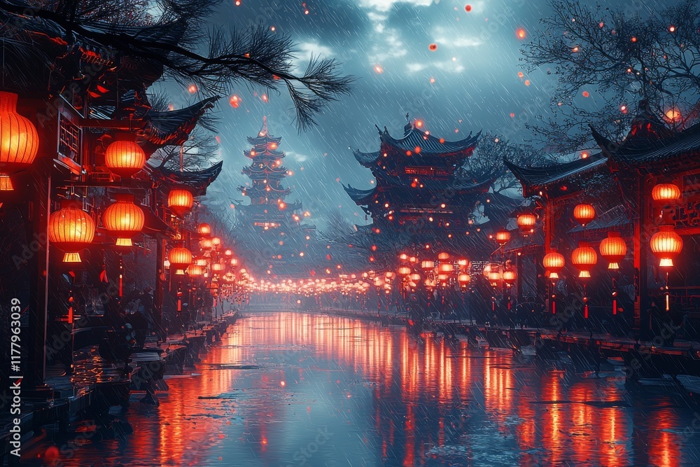 Naklejka premium Chinese New Year celebration in China Town features dragons and paper red lanterns. Stock