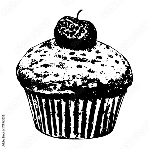 hand drawn muffin cupcake vector with cherry on top, retro style black and white bakery illustration