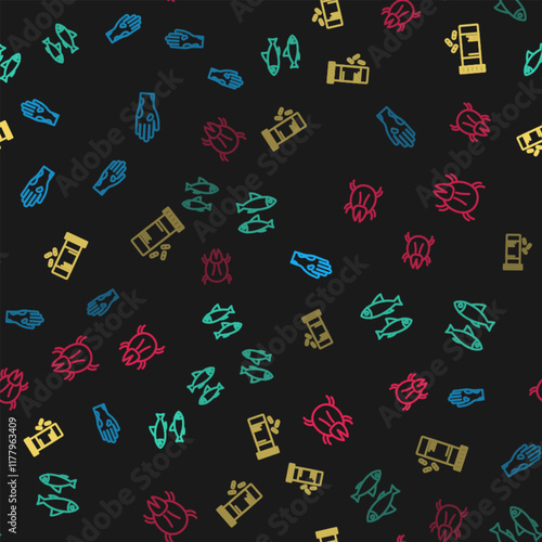 Set line Hand with psoriasis or eczema, Fish, Medicine bottle pills and Parasite mite on seamless pattern. Vector