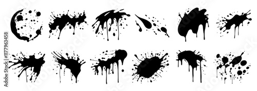 vector illustration of diverse ink stains and splatters in black and white