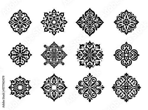 set of intricate black and white mandala designs with geometric and floral patterns