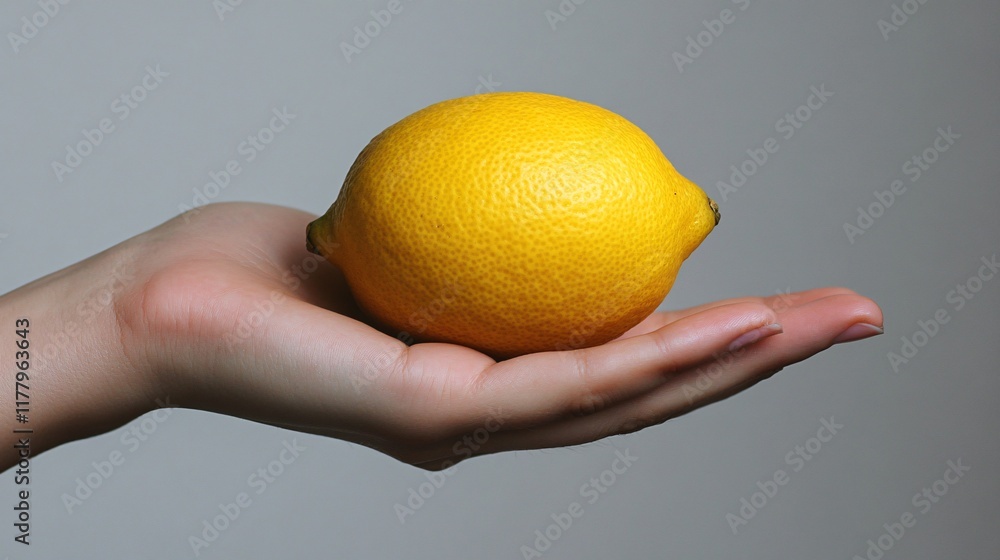 Fresh lemon resting on a hand against a neutral background Fresh lemon resting on a hand against a neutral background
