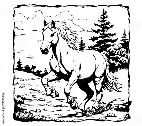 stylized black and white vector drawing of a horse in a grassy meadow