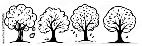 whimsical black and white vector tree designs with unique shapes and sketchy outlines