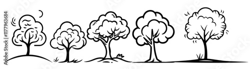 vector illustration of five black and white cartoon trees with simple and playful line art style