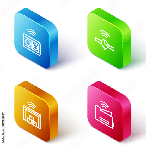 Set Isometric line Smart electrical outlet, Smartwatch, warehouse and printer icon. Vector