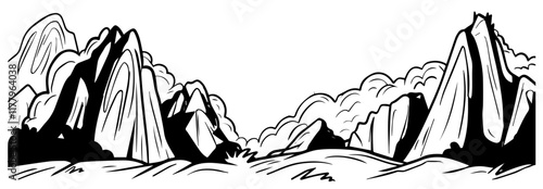 creative black and white vector drawing of a natural mountain scene
