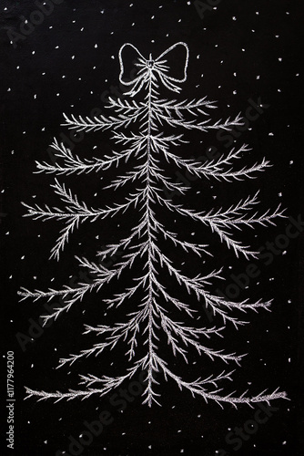 Chalk drawing of a Christmas tree with snowflakes on a blackboard photo