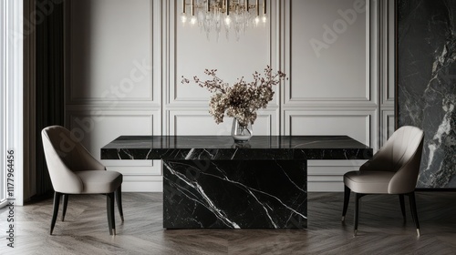 Elegant black marble dining table in modern luxury interior photo