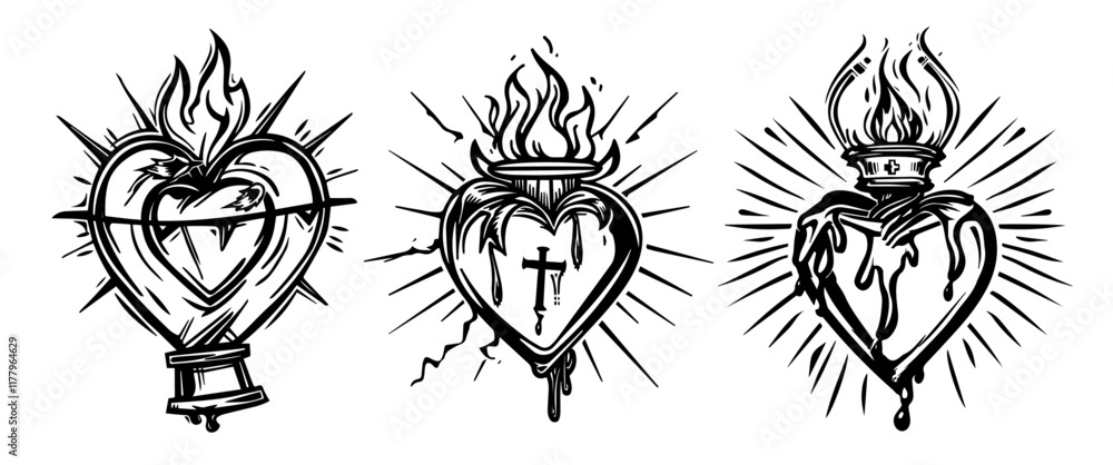vector illustration of three sacred hearts with flames vector illustration of three sacred hearts with flames