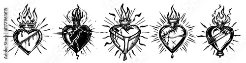 ack and white vector engraving of  flaming hearts, executed with fine linework and traditional sacred iconography