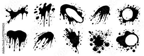 collection of black and white ink splatter designs with dynamic shapes