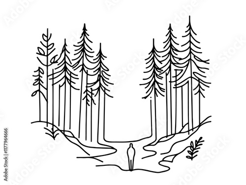 black and white vector drawing of trees and a path in a simple sketch style