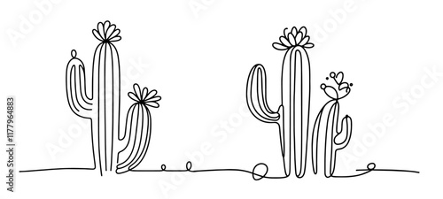 black and white vector illustration of blooming cactuses in continuous line style