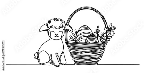 artistic black and white illustration of an easter lamb and floral basket in sketch style