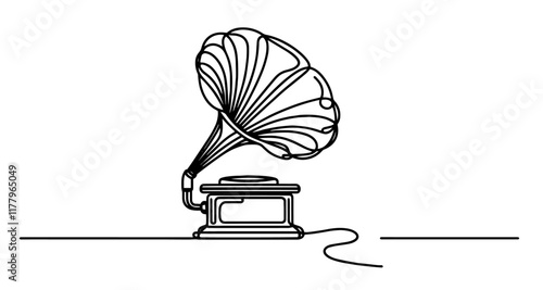 minimalist black and white vector of a vintage gramophone in line art style