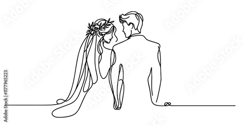 detailed line art of a romantic wedding couple with flowing lines