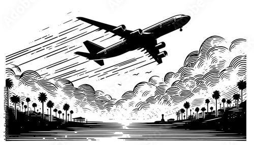 airplane flying over palm trees vector in black and white with dramatic clouds and sunset mood