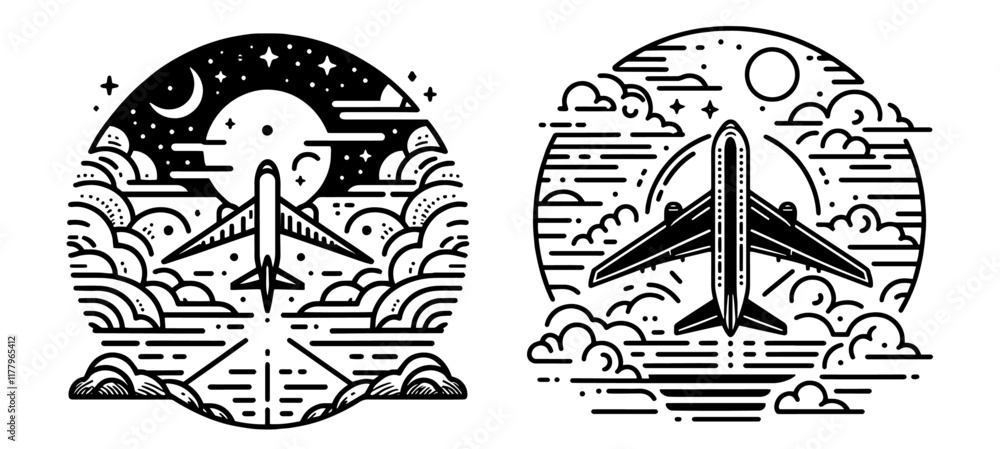 Fototapeta premium hand-drawn vector airplane in flight surrounded by clouds and sun