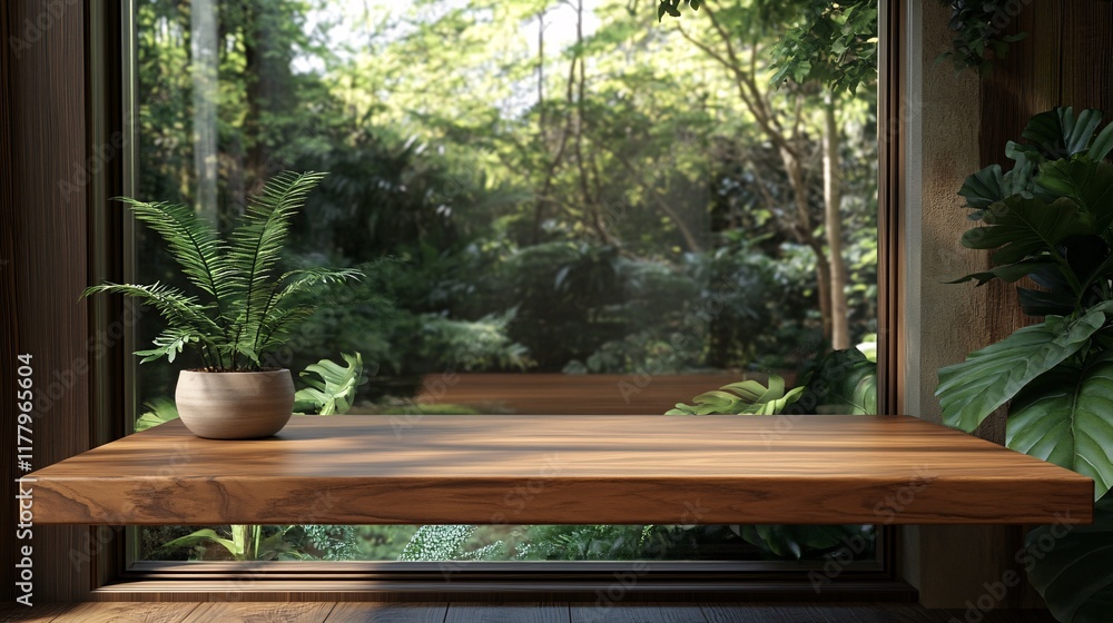 Fototapeta premium Nature-inspired indoor space with wooden shelf and plant view in a serene environment
