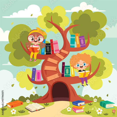 Children Reading Book At Nature
