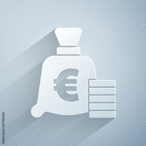 Paper cut Coin money with euro symbol icon isolated on grey background. Banking currency sign. Cash symbol. Paper art style. Vector