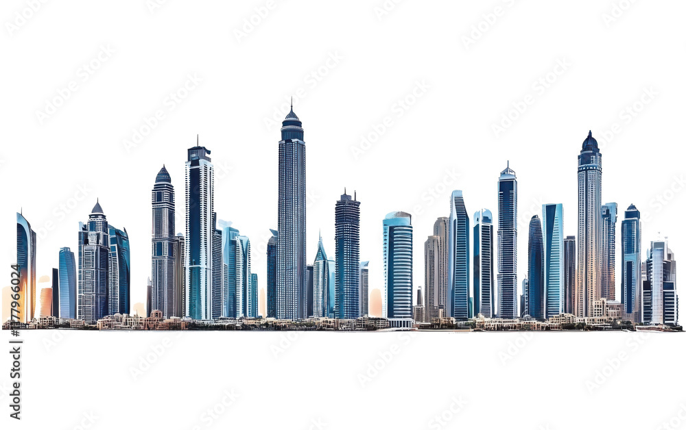 Majestic futuristic skyline of urban downtown skyscrapers, isolated on transparent white