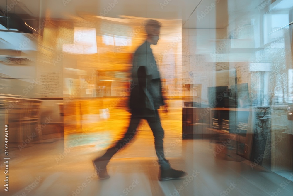 Blurred office worker in motion, long exposure effect, suitable for concepts of busy work life and productivity Blurred office worker in motion, long exposure effect, suitable for concepts of busy work life and productivity