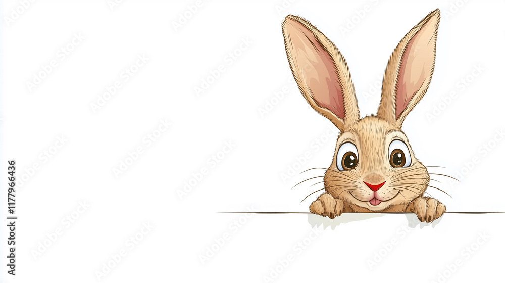 Obraz premium Cartoon brown rabbit peeking over the edge, with a red nose and a smile, white background, in a vector illustration style. Cartoon cute animal with big eyes and long ears. Cute easter bunny. Copy spac