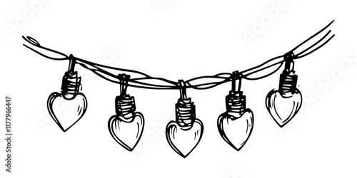 Black and white vector drawing of romantic string lights with heart bulbs, vintage festive illustration