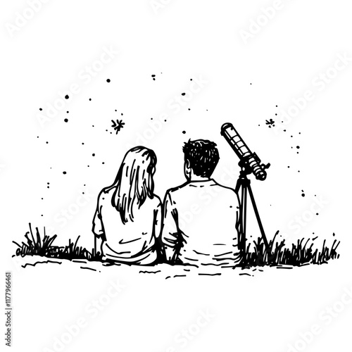 romantic line art of a couple sitting under the night sky with a telescope