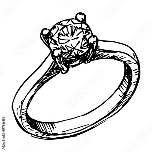 black and white sketch of an elegant diamond engagement ring