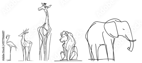 Photography minimalist hand-drawn vector illustration of african animals in line art style