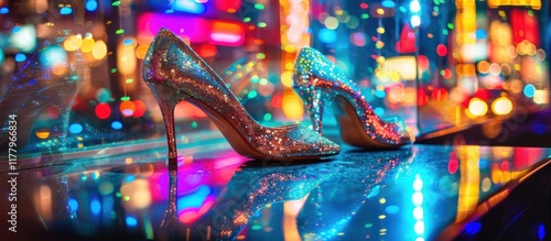 Glittering High Heels Against a Blurred City Lights Background
