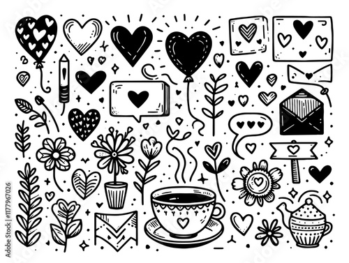 black and white doodle collection of hearts, flowers, and love-themed elements