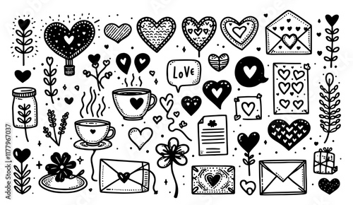 charming line art collection of romantic icons including envelopes and tea cups