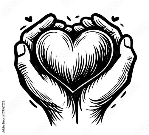 artistic monochrome illustration of caring hands with heart in traditional etching style