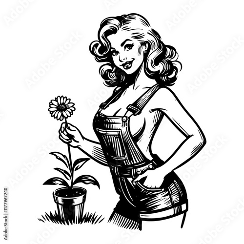 artistic monochrome drawing of a vintage pin-up girl holding a flowe