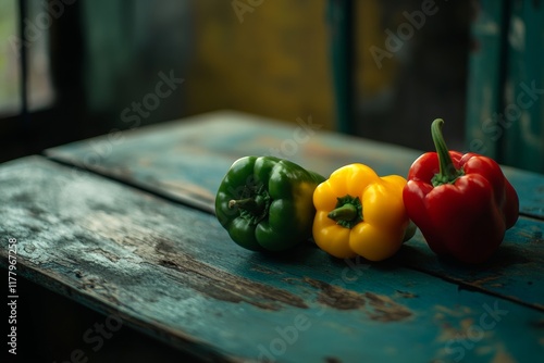 Fresh Bell Peppers on Wooden Background for Culinary Use photo