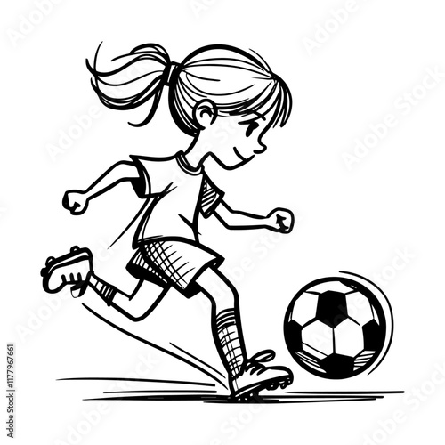 playful line art of a sporty girl practicing soccer skills