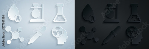 Set Pipette, Test tube and flask chemical, Molecule, Human head radiation, stand and Water drop icon. Vector