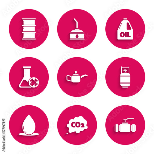 Set Canister for motor machine oil, CO2 emissions cloud, Industry metallic pipes and valve, Propane gas tank, Oil drop, Antifreeze test tube, and Barrel icon. Vector