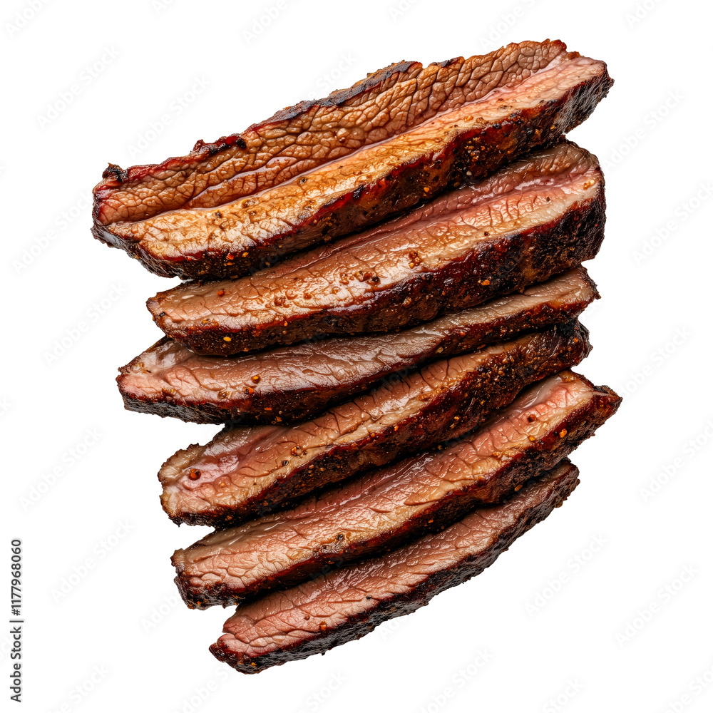 Juicy slices of grilled beef brisket arranged in a row. Well-cooked meat showing texture and char. Isolated on white transparent background. Concept of barbecue Juicy slices of grilled beef brisket arranged in a row. Well-cooked meat showing texture and char. Isolated on white transparent background. Concept of barbecue