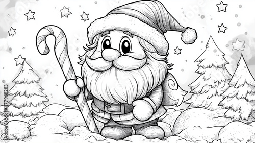 Cute gnome holding a large candy cane, surrounded by small stars. Coloring page
