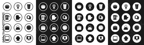 Set Measuring cup, Oven glove, Electric kettle, Cooking pot, Chef hat speech bubble, with location, Cutting board and icon. Vector